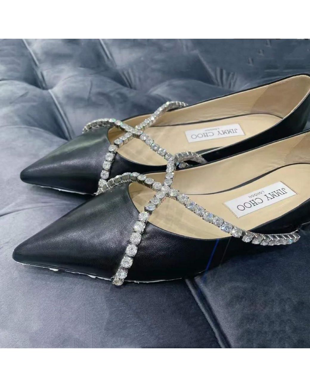 Jimmy Choo Black Flat Shoes With Diamond-Embellished Strap