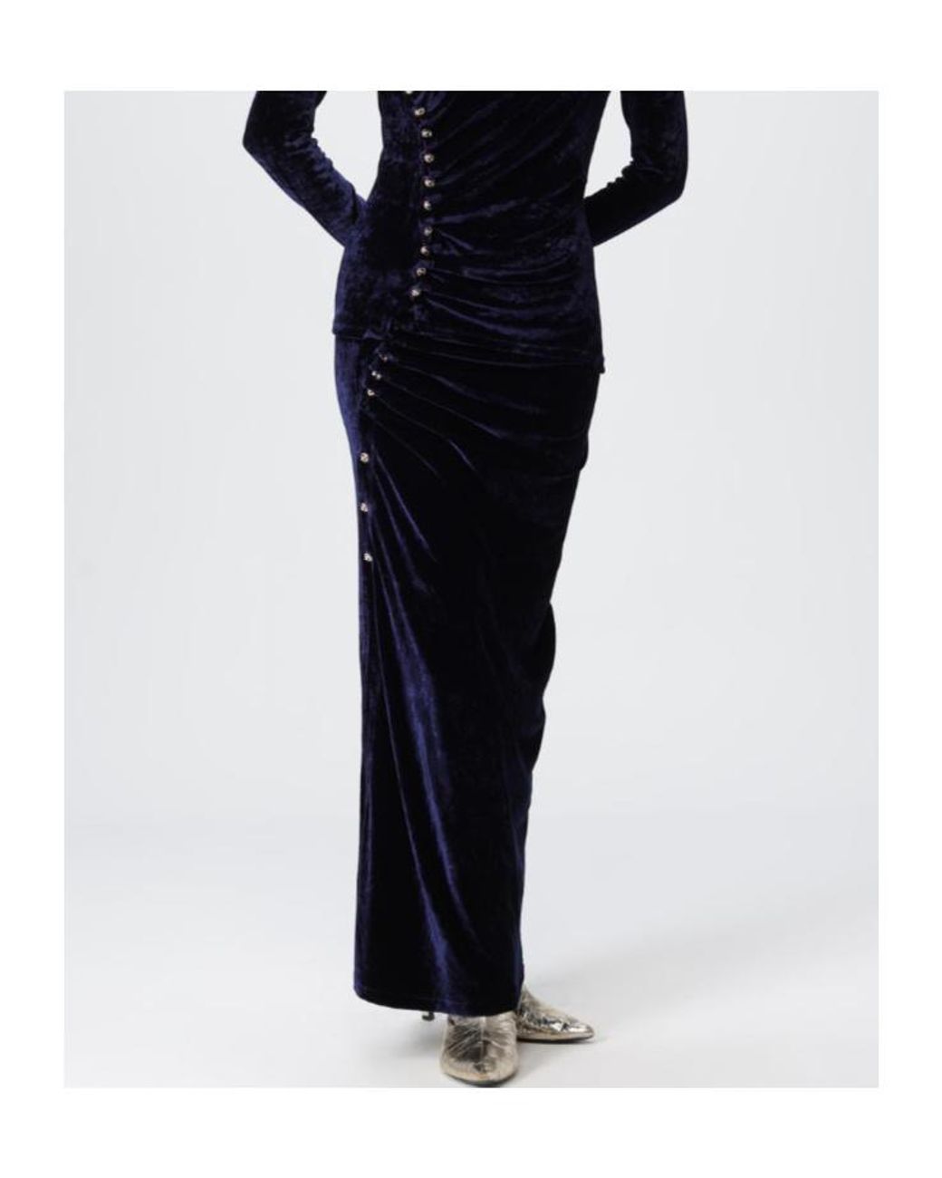 Rabanne Blue Ruched Velvet Midi Skirt