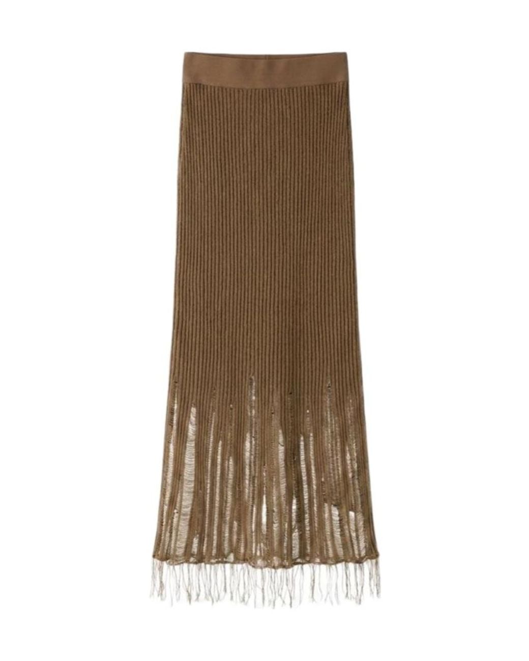 Uma Wang Brown Distressed Ribbed Knit Midi Skirt