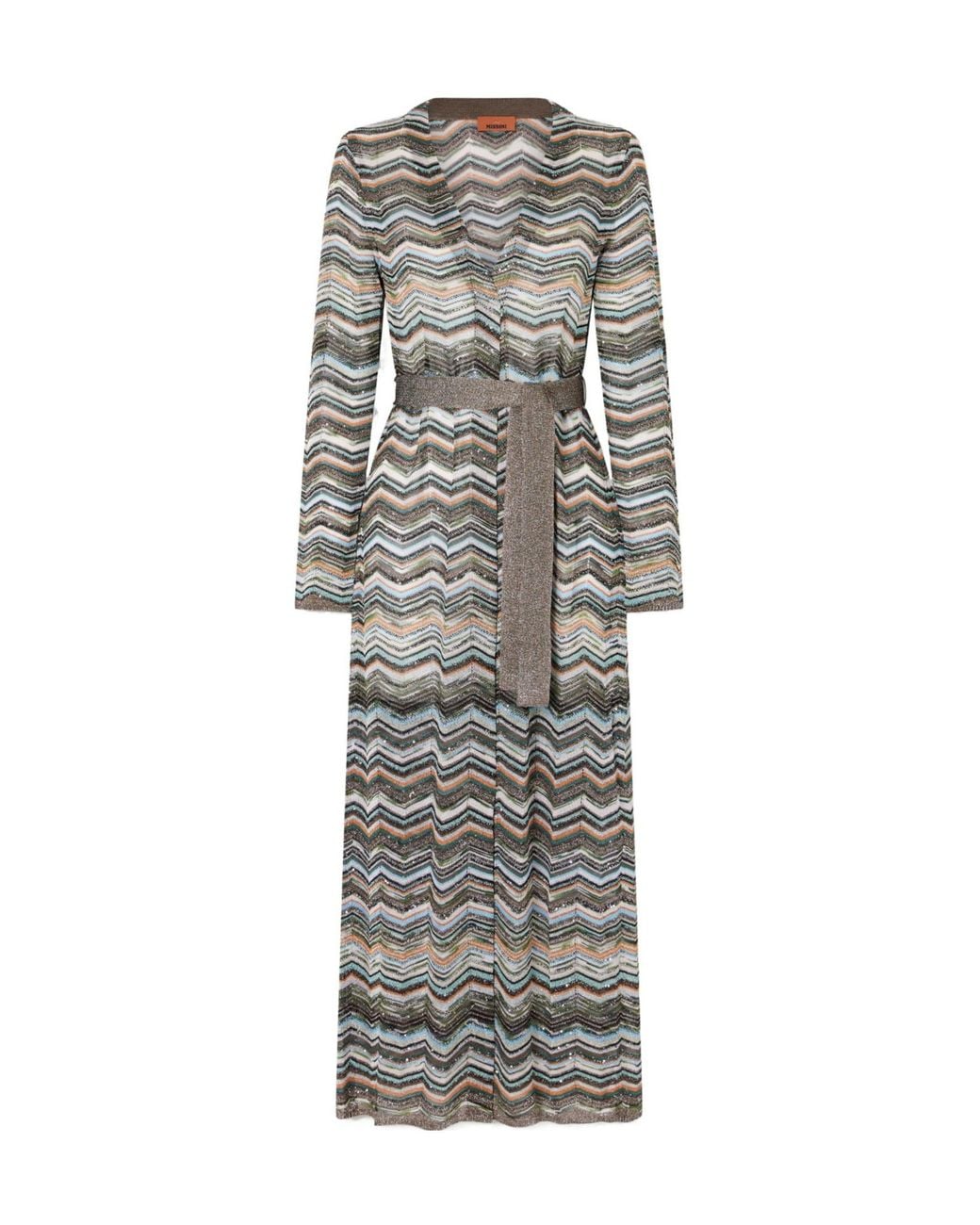 Missoni Gray Striped Belted Crochet-Knit Cardigan