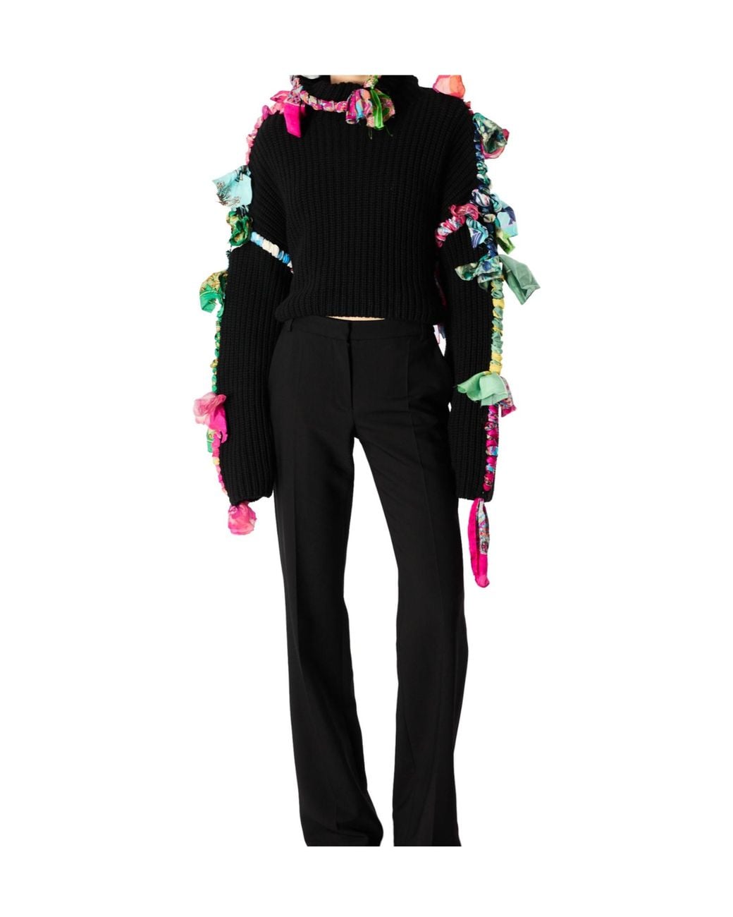 MARINE SERRE Black Regenerated Silk Scarves Cropped High Neck Sweater