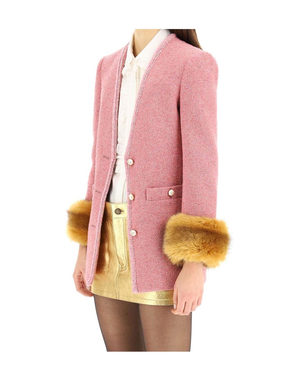 Saint Laurent Pink Faux-Fur Detail Fitted Jacket
