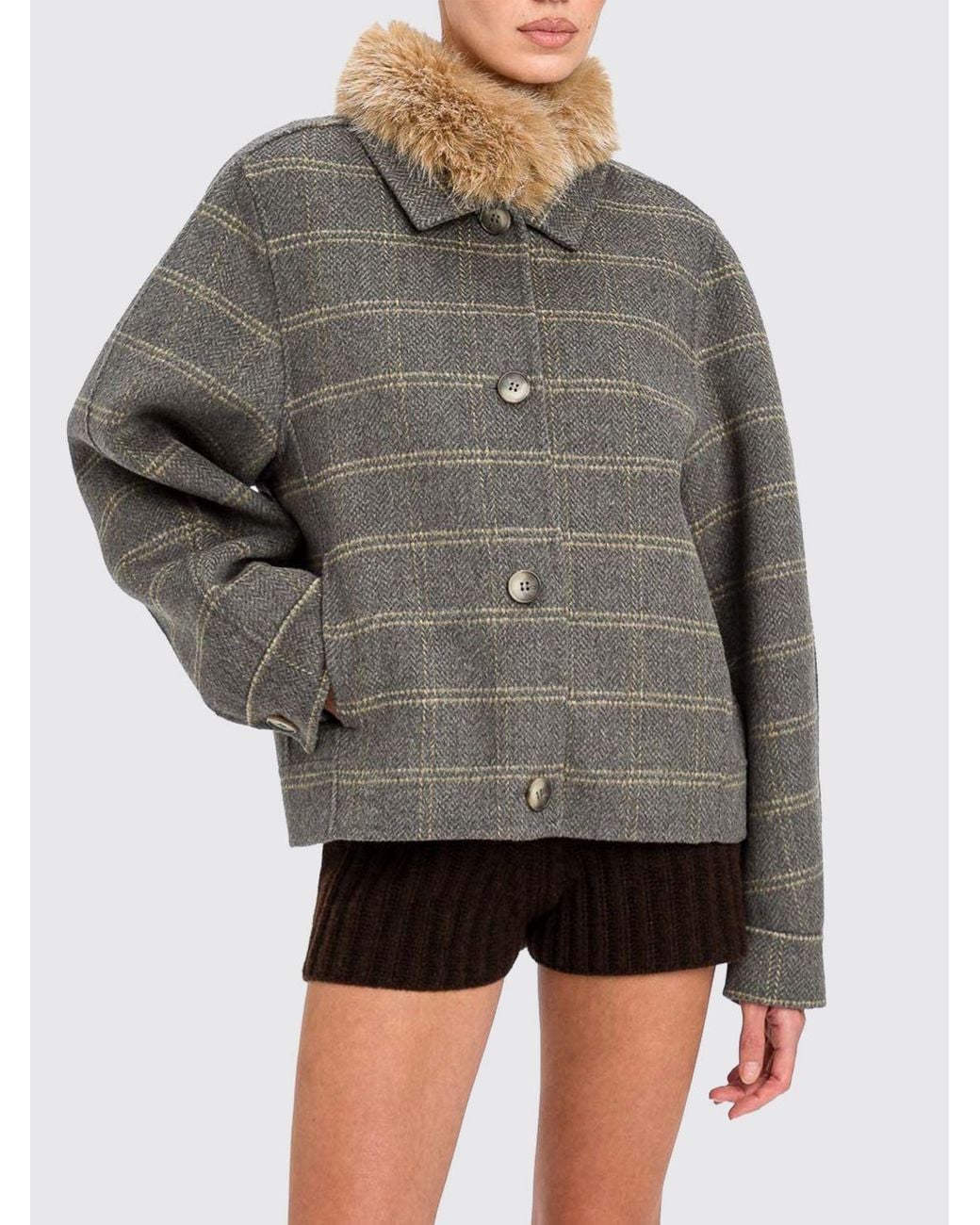 Twinset Gray Double Check Wool Caban Coat With Faux Fur