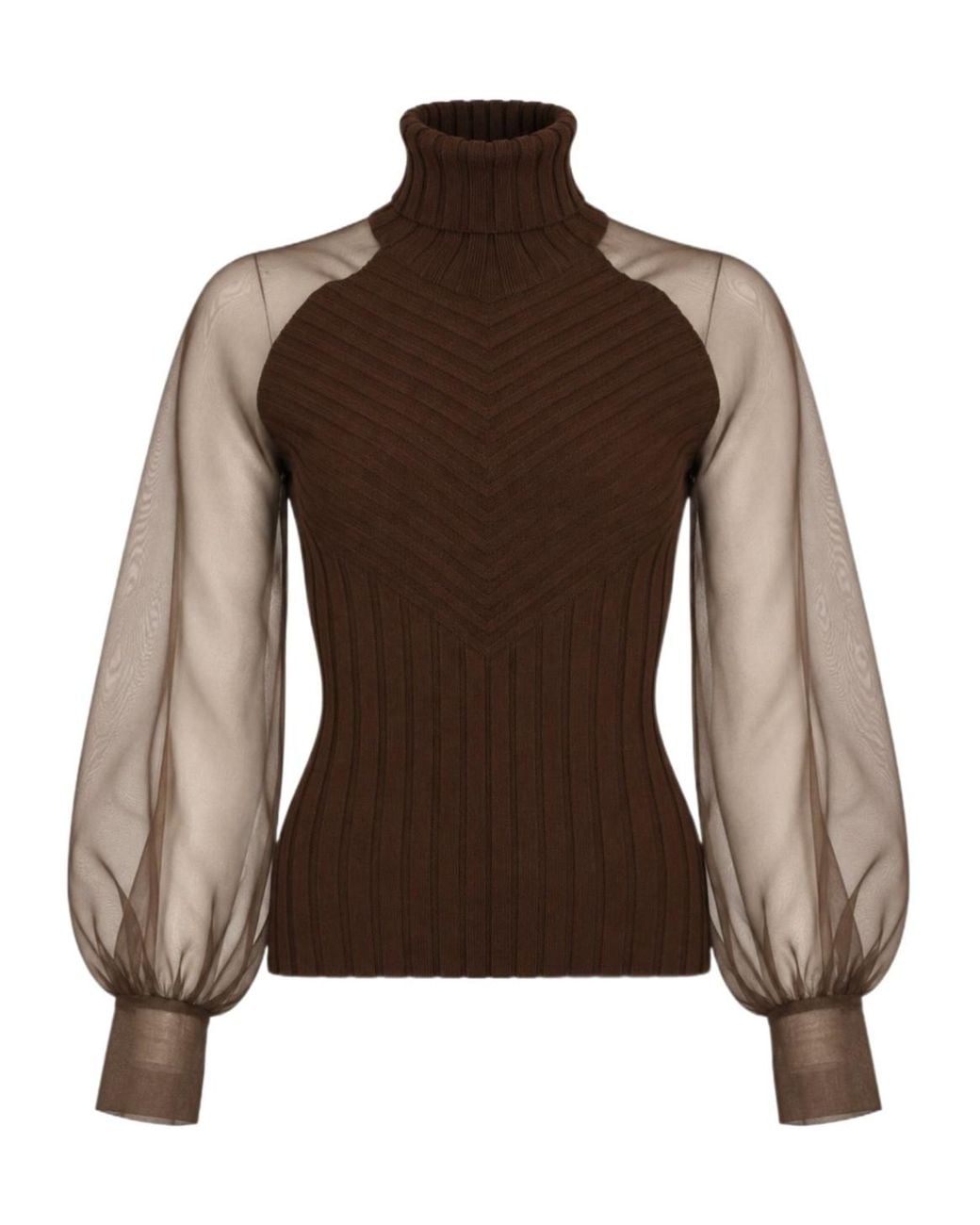 D.exterior Brown Sheer-Sleeve Turtleneck Knitted Sweater