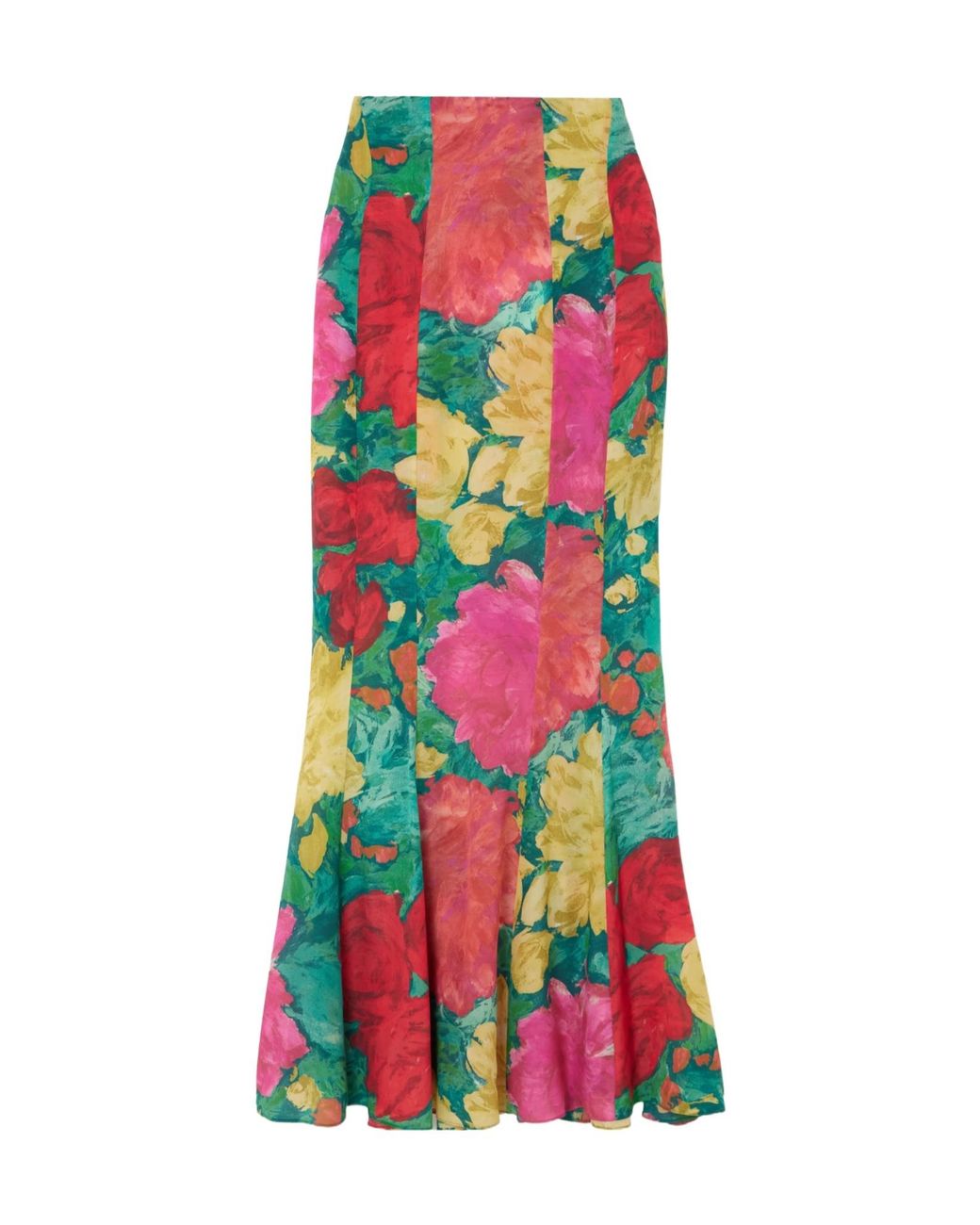 Balmain Red Paneled Floral-Print Silk Maxi Skirt