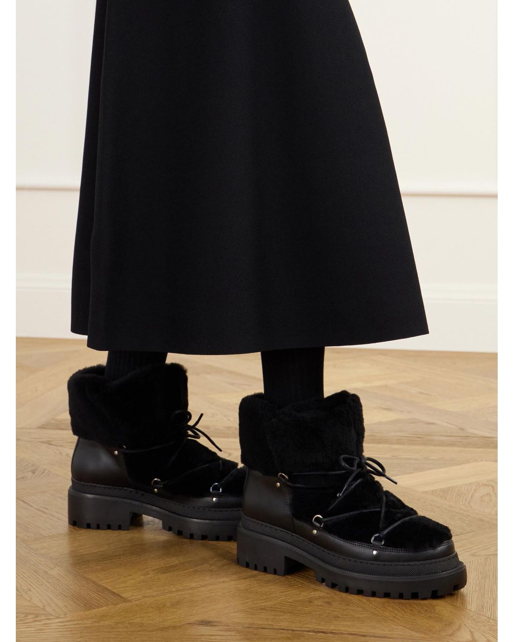 Yves Salomon Black Lace-Detailed Shearling-Trimmed Leather Ankle Boots