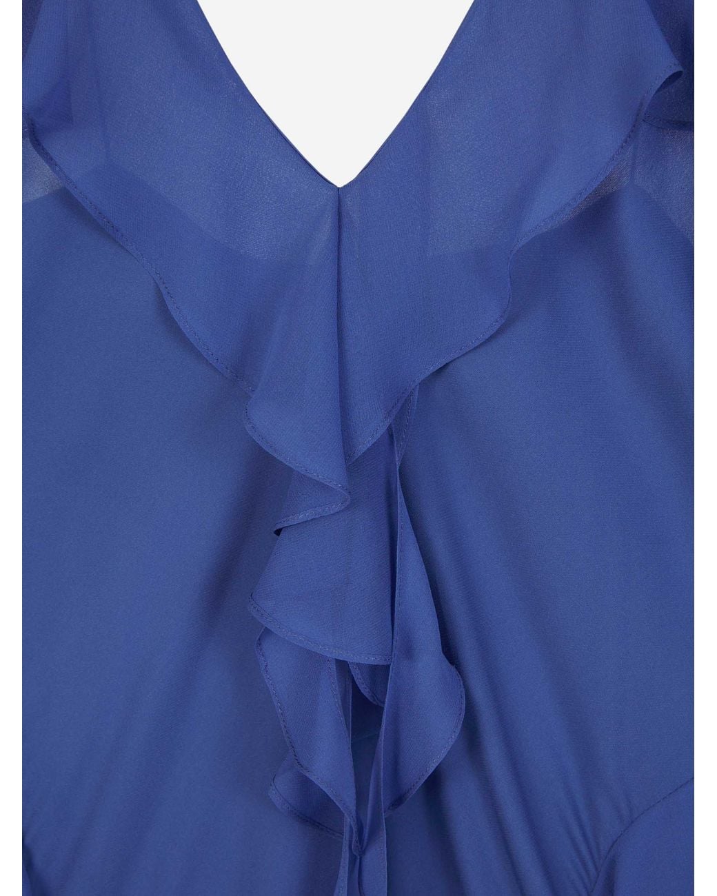 Khaite Blue Ruffle-Trim Plunging V-Neck Maxi Dress