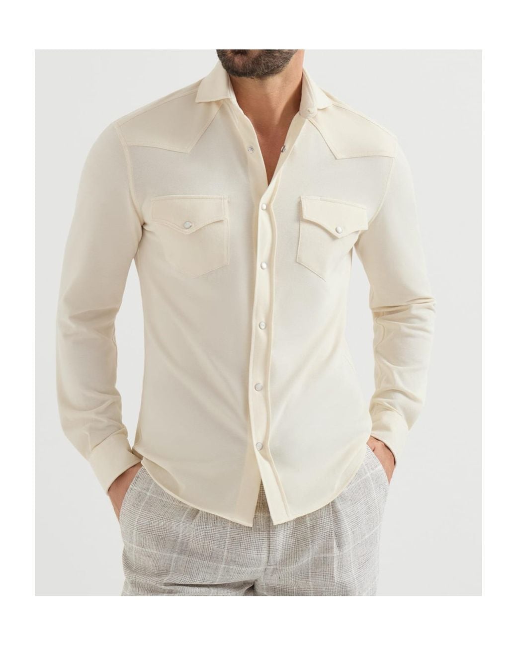 Brunello Cucinelli White Cotton Piqué Western Shirt for men