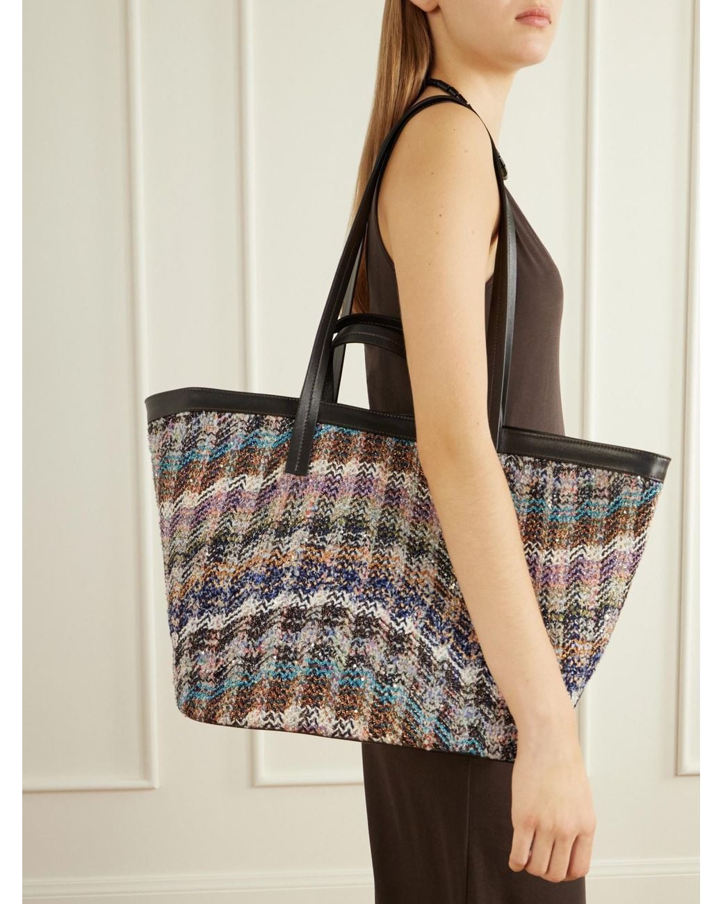 Missoni Medium Leather-Trimmed Metallic Crochet-Knit Tote