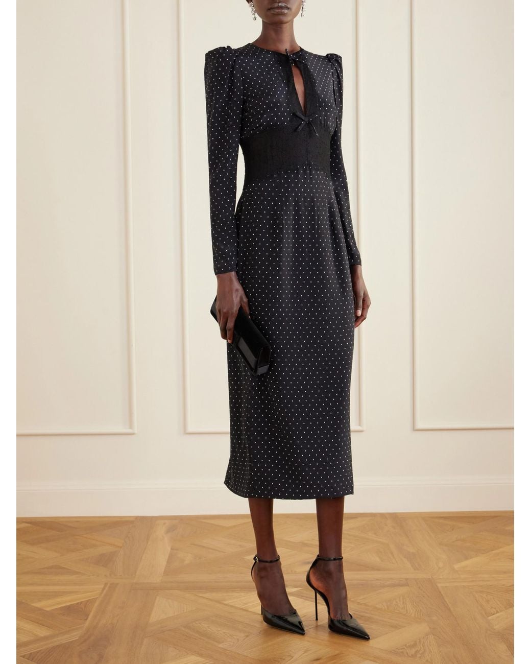 Alessandra Rich Black Polka-Dot Silk Midi Dress