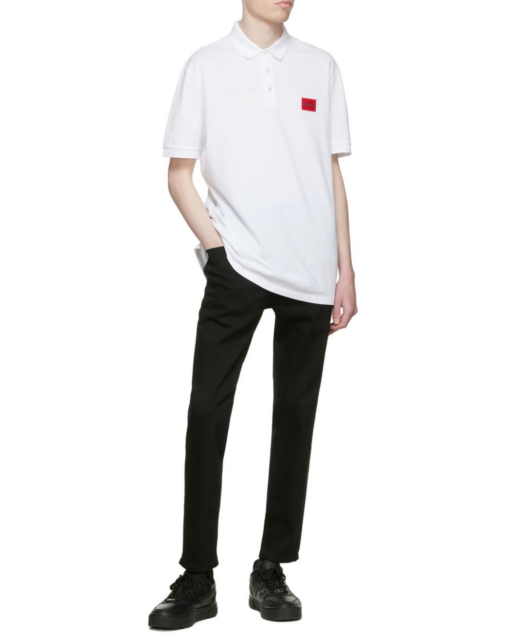 Boss White Hugo Logo Patch Polo Shirt for men