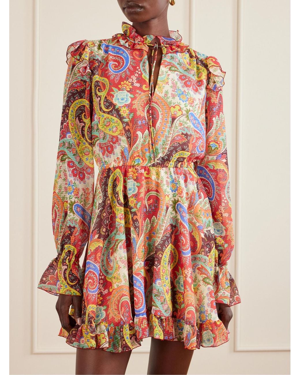 Etro Red Ruffled Paisley-Print Chiffon Mini Dress