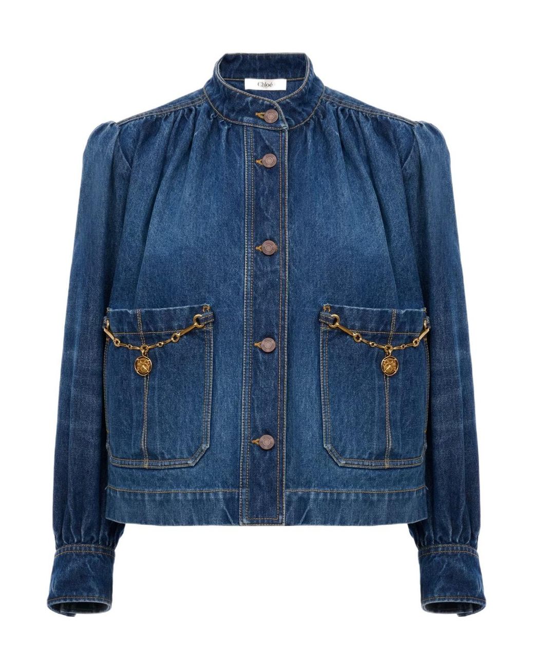 Chloé Blue Chloé High-Neck Gathered Denim Jacket