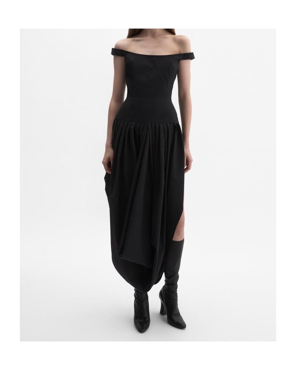 Magda Butrym Black Long Off-Shoulder Draped Dress
