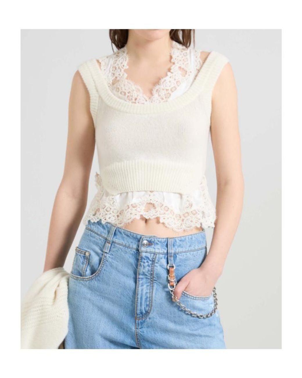 Ermanno Scervino White Layer-Effect Cashmere Top With Lace Details