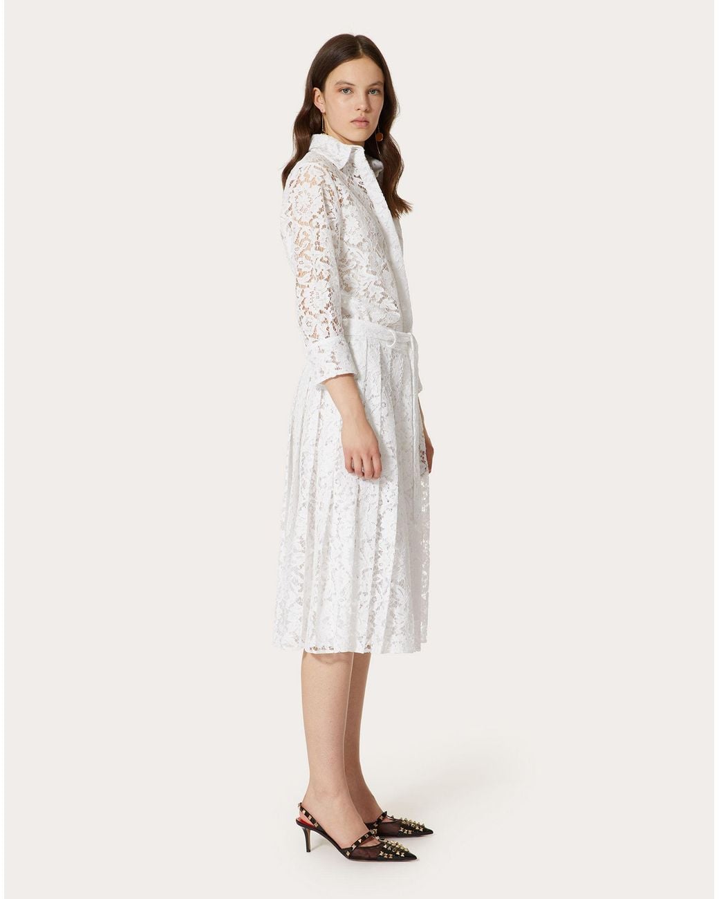 Valentino White Floral-Lace Pleated Shirt-Dress