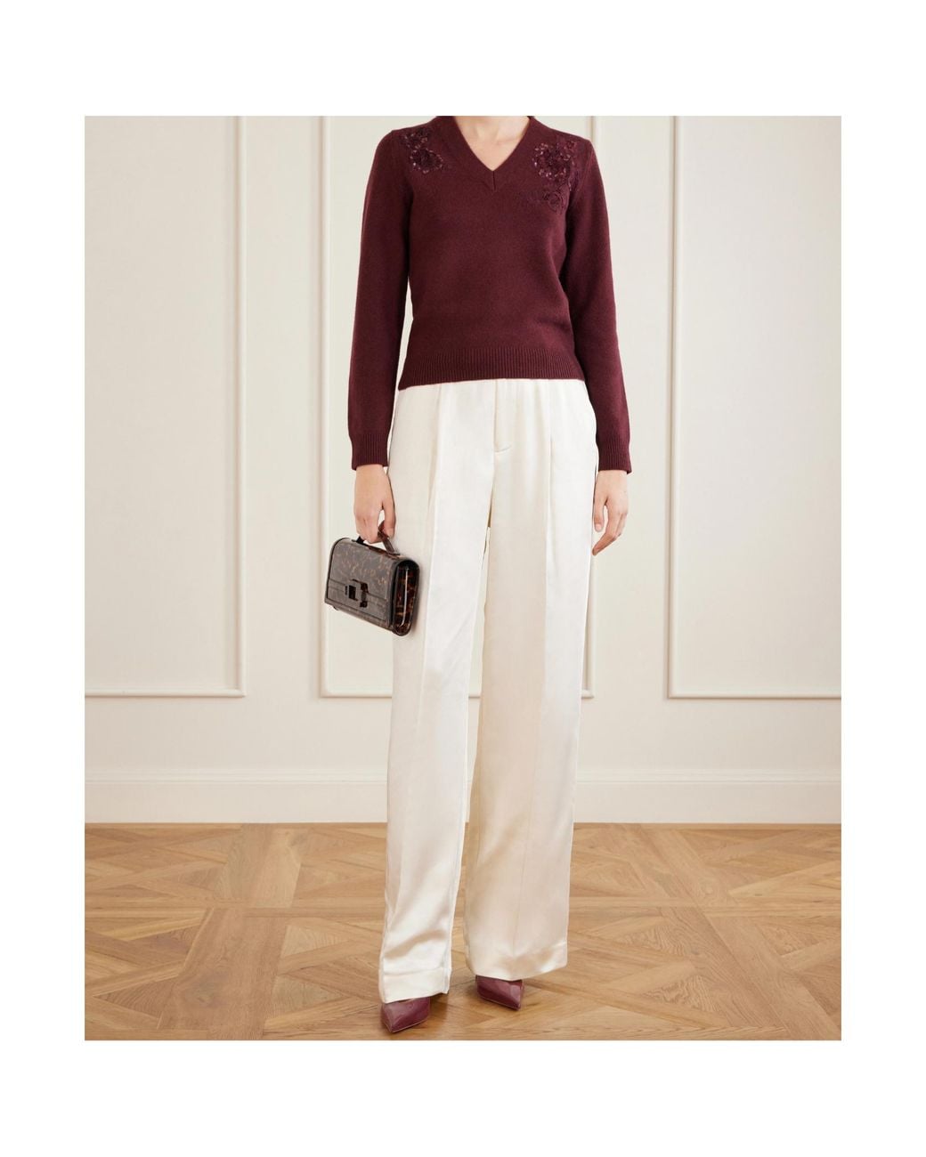 Self-Portrait White Pleated Satin-Finish Tailored Trousers