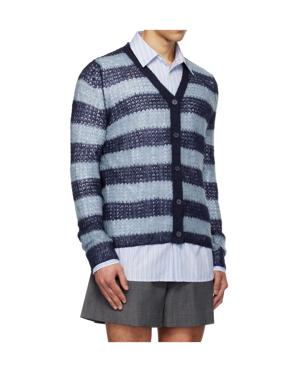 we11done Blue Wool Blend Striped Knit Cardigan for men
