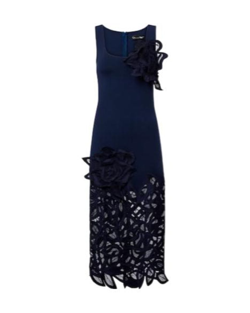 Oscar de la Renta Blue Floral-Appliqué Lace Midi Dress