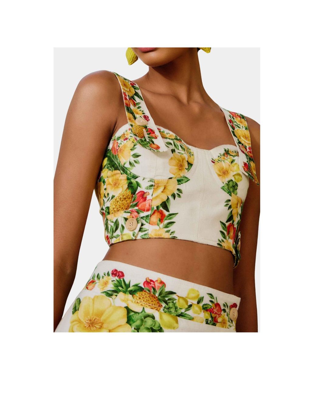 Farm Rio Yellow Cropped Printed Linen Top