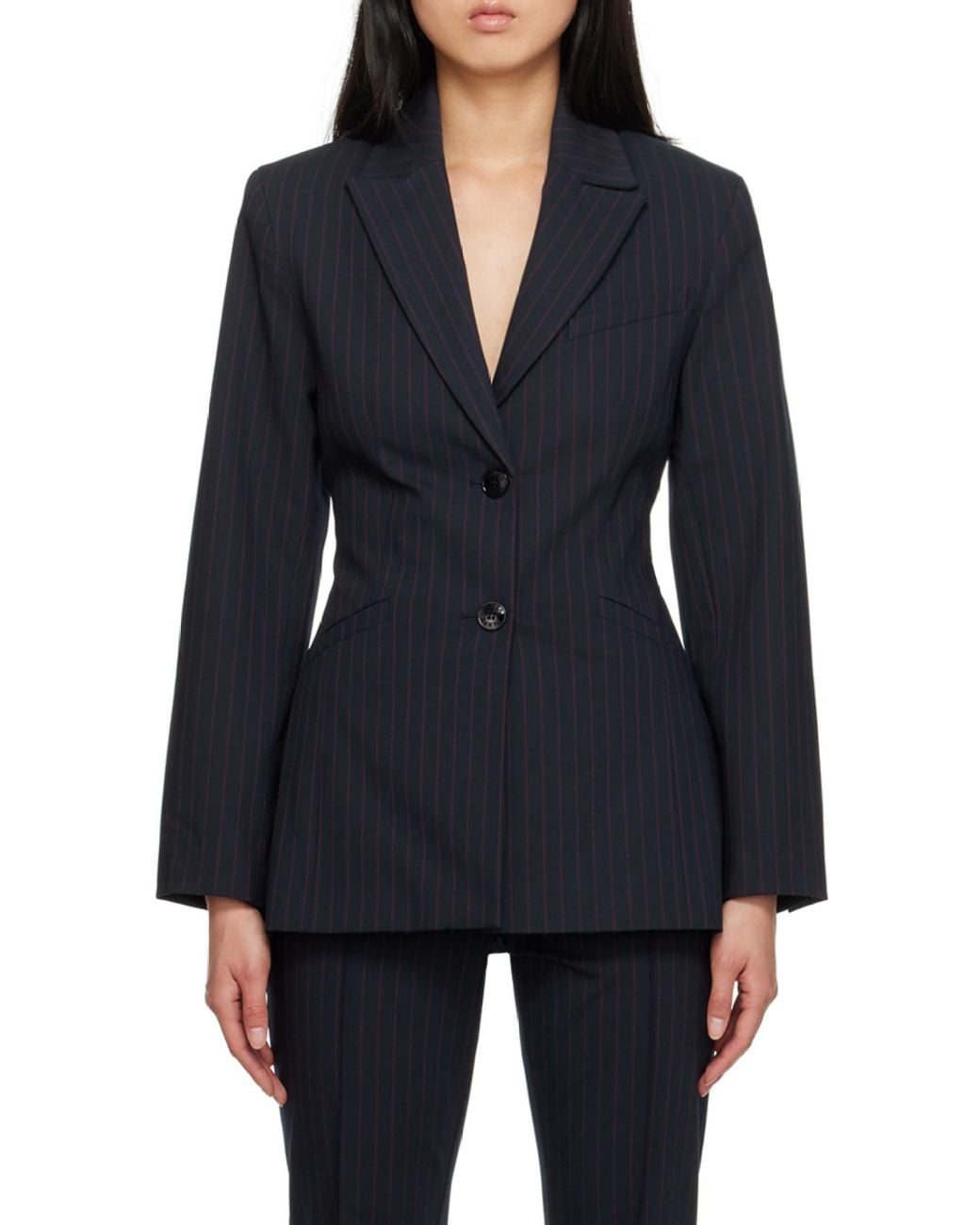 Ganni Blue Pinstriped Long-Sleeved Blazer