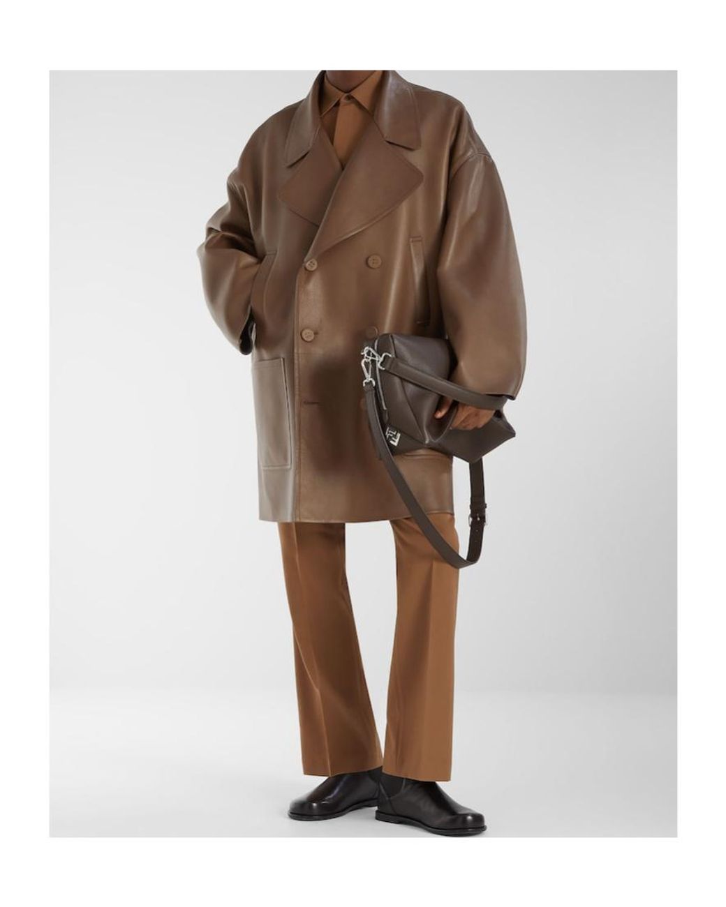 Fendi Brown Double Breasted Leather Pea Coat for men