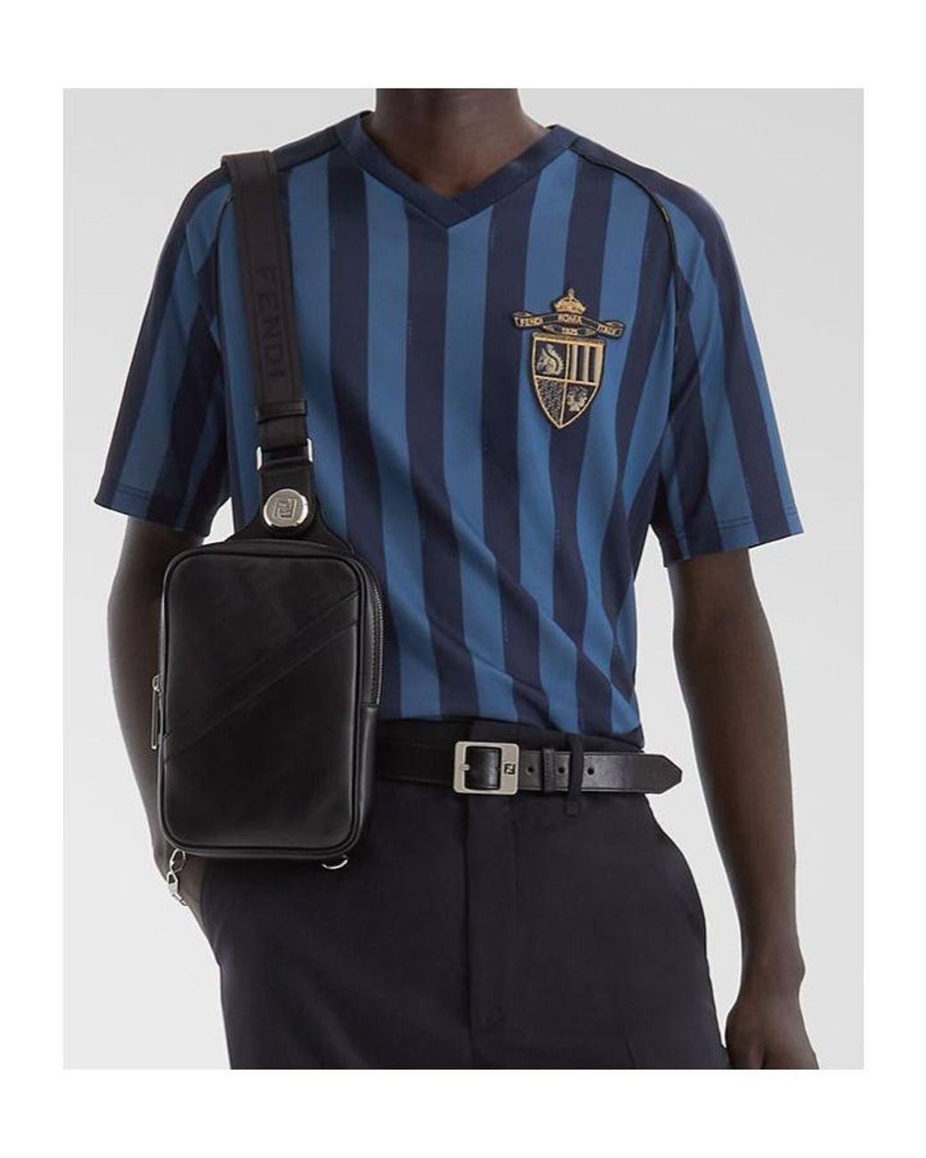 Fendi Blue V-Neck Striped T-Shirt for men