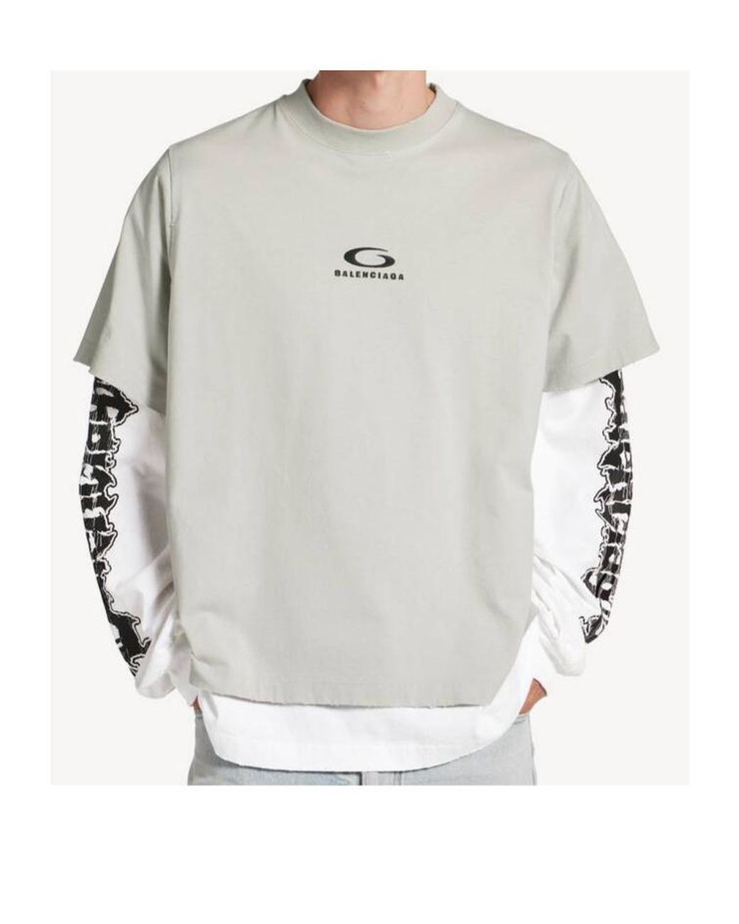 Balenciaga Gray Logo Double-Layer T-Shirt for men