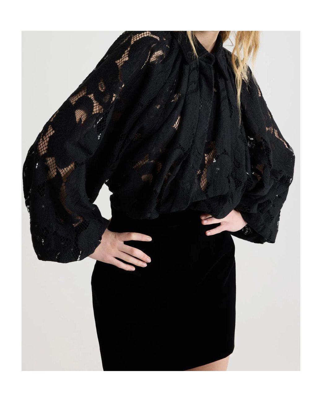 Patou Black Lace Detailed Collared Top