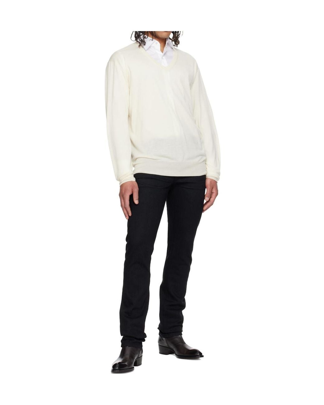 Tom Ford White Fine-Knit Cashmere Long-Sleeved V-Neck Sweater for men