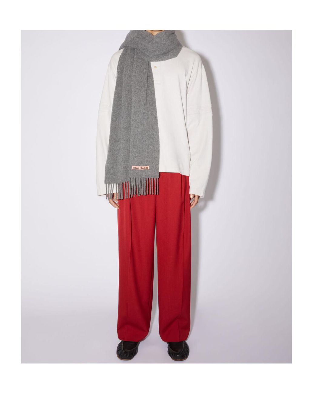 Acne Gray Logo Patch Fringed-Edge Scarf for men
