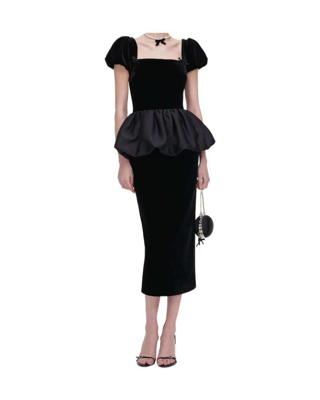 Self-Portrait Black Puff-Sleeve Peplum Dress