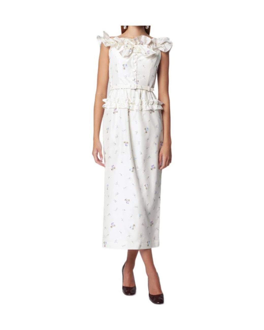 Alessandra Rich White Ruffled Floral-Print Dress