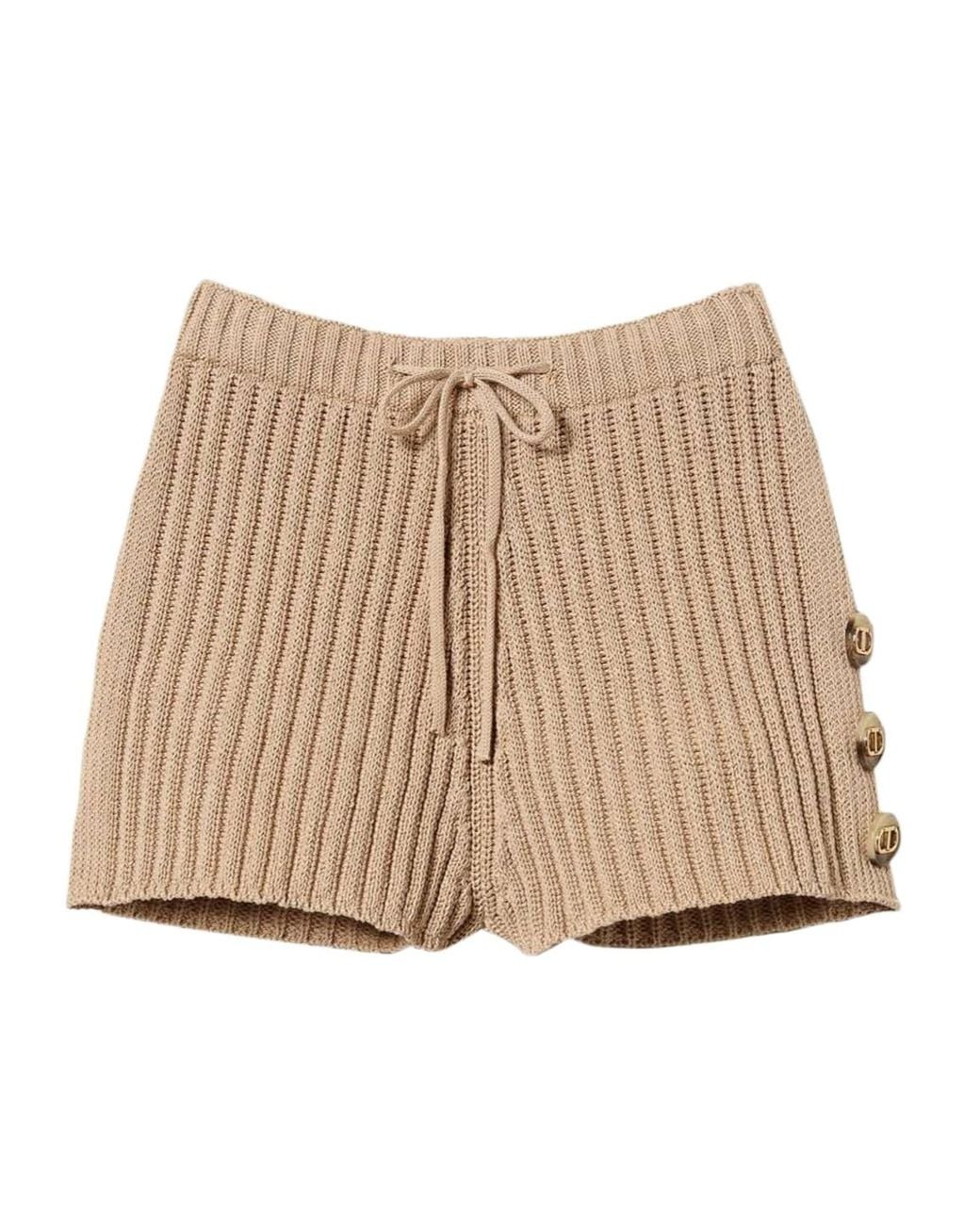 Twinset Natural Button-Detail Ribbed-Knit Shorts