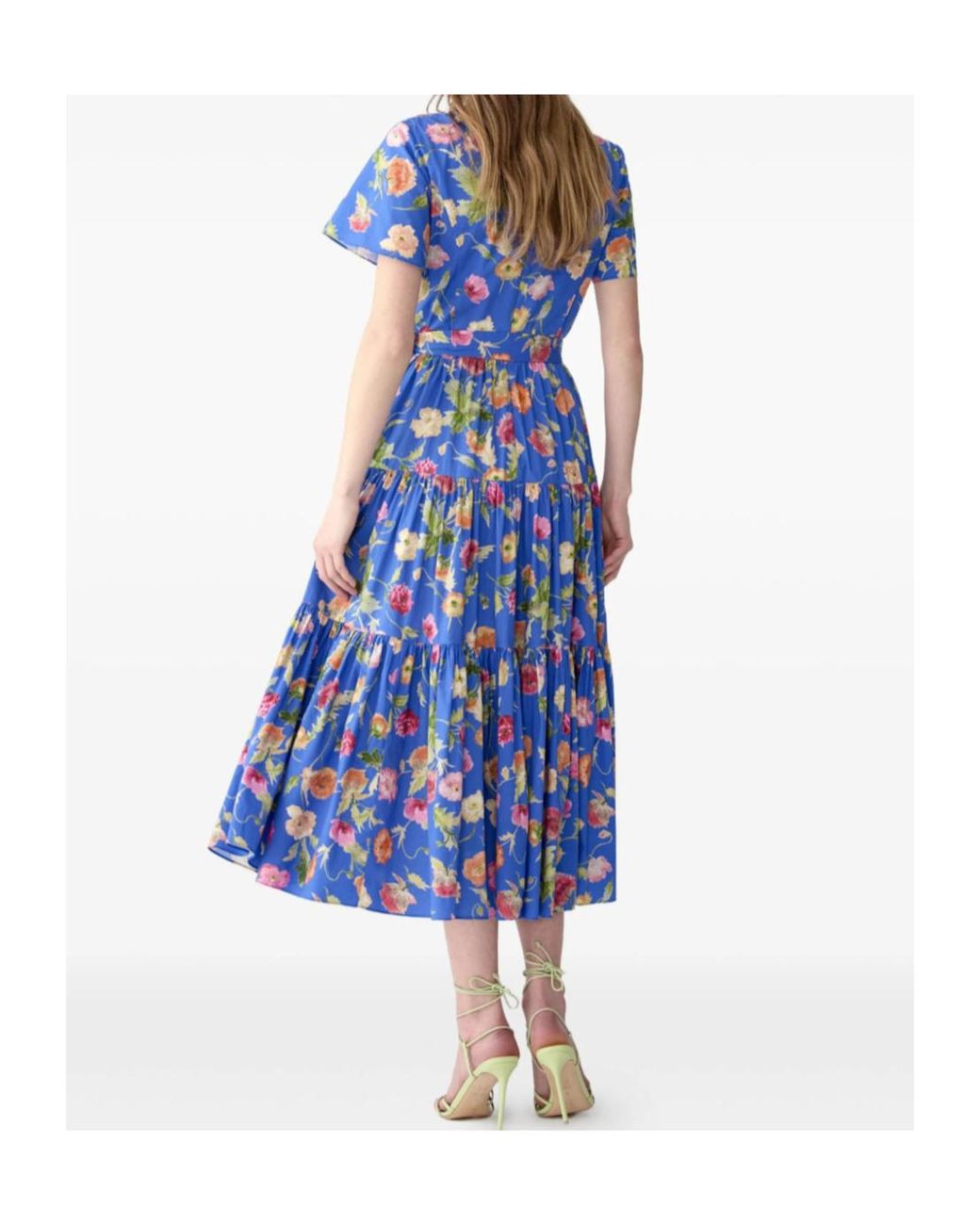 Carolina Herrera Blue Poppy-Print Tiered Midi Dress With Sash