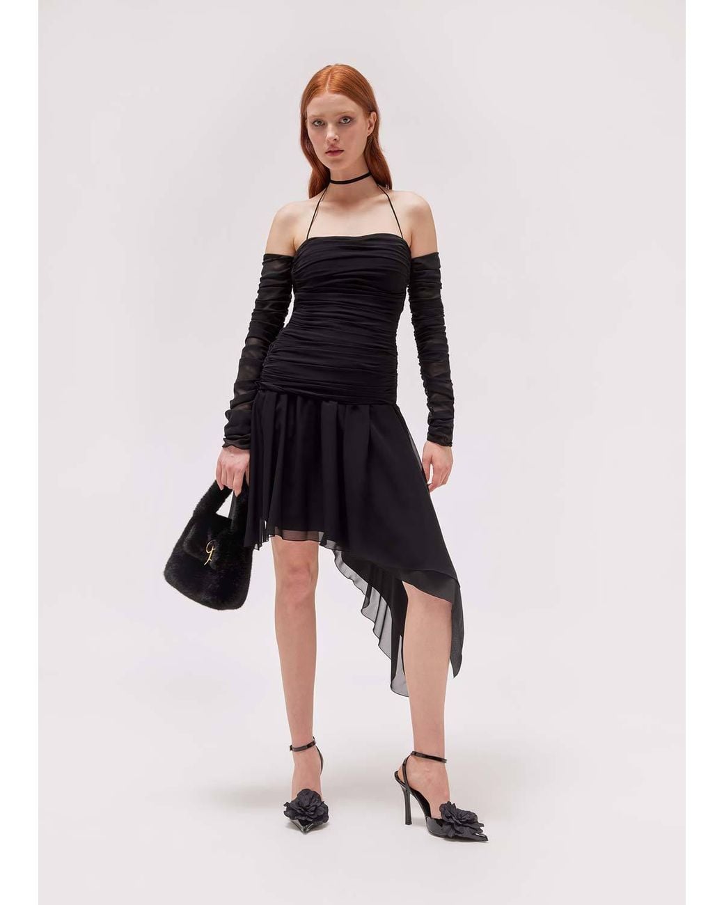 Blumarine Black Gathered-Detail Sheer Asymmetric Dress