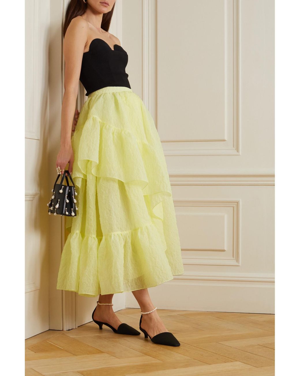 Erdem Yellow Ruffled Tiered Cloqué Midi Skirt