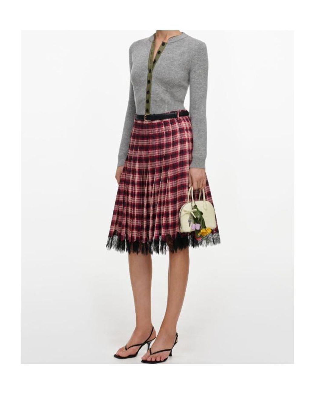 Self-Portrait Red Pleated Lace-Trim Skirt