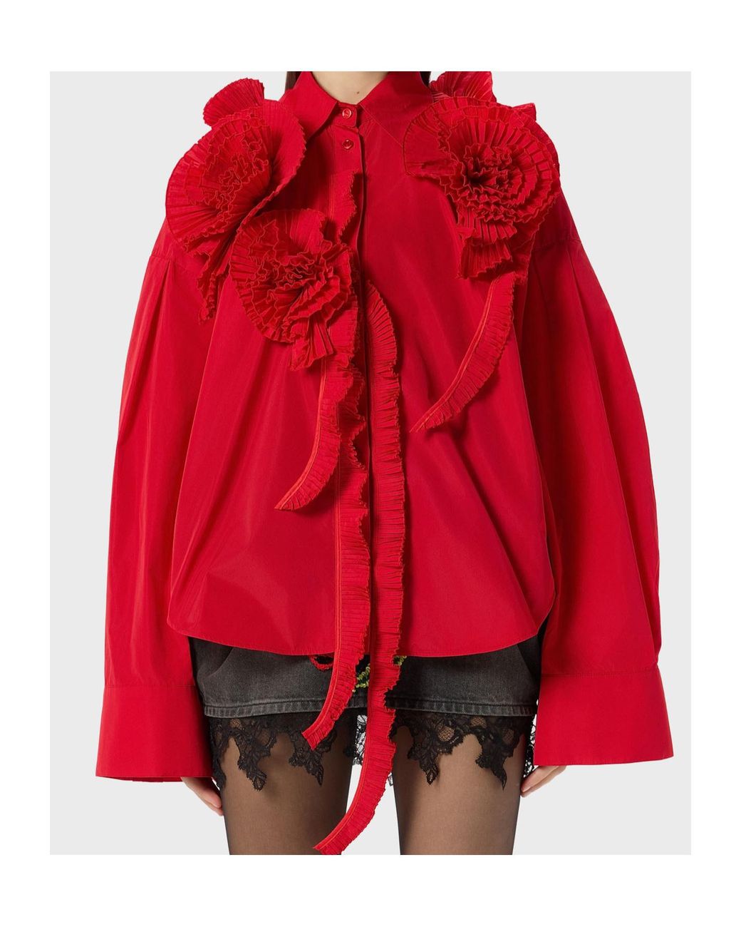 Blumarine Red Taffeta Shirt With 3D Roses