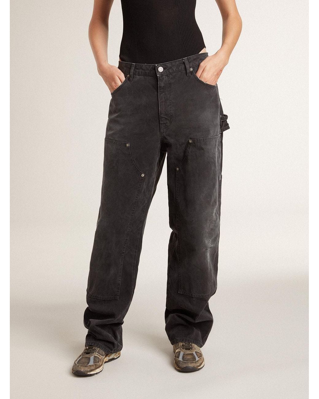Golden Goose Deluxe Brand Black Distressed Cotton Jeans With Front Patches