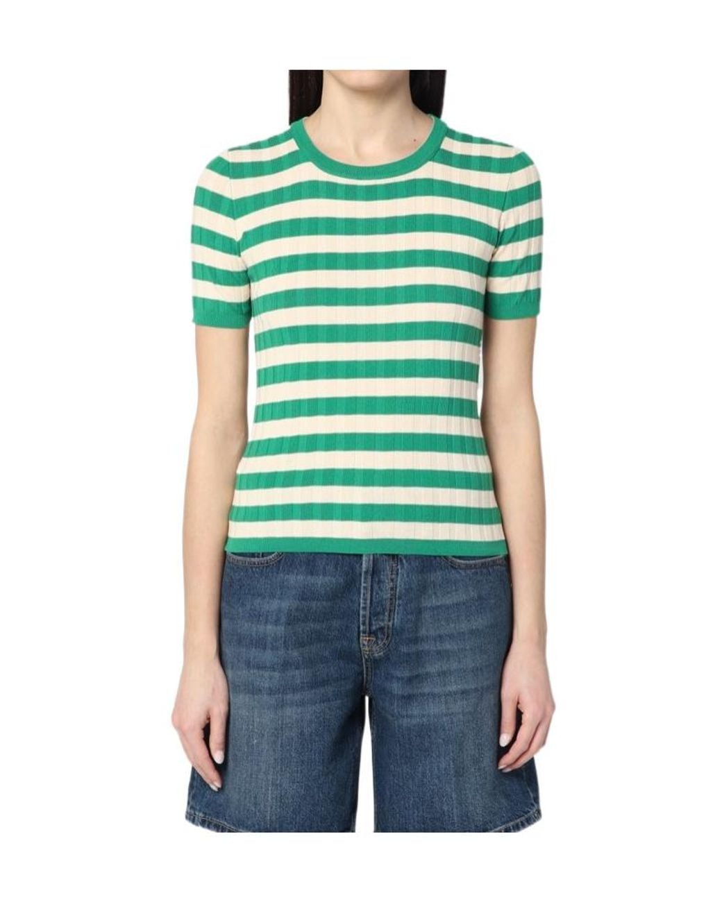 Roberto Collina Green Striped Ribbed T-Shirt