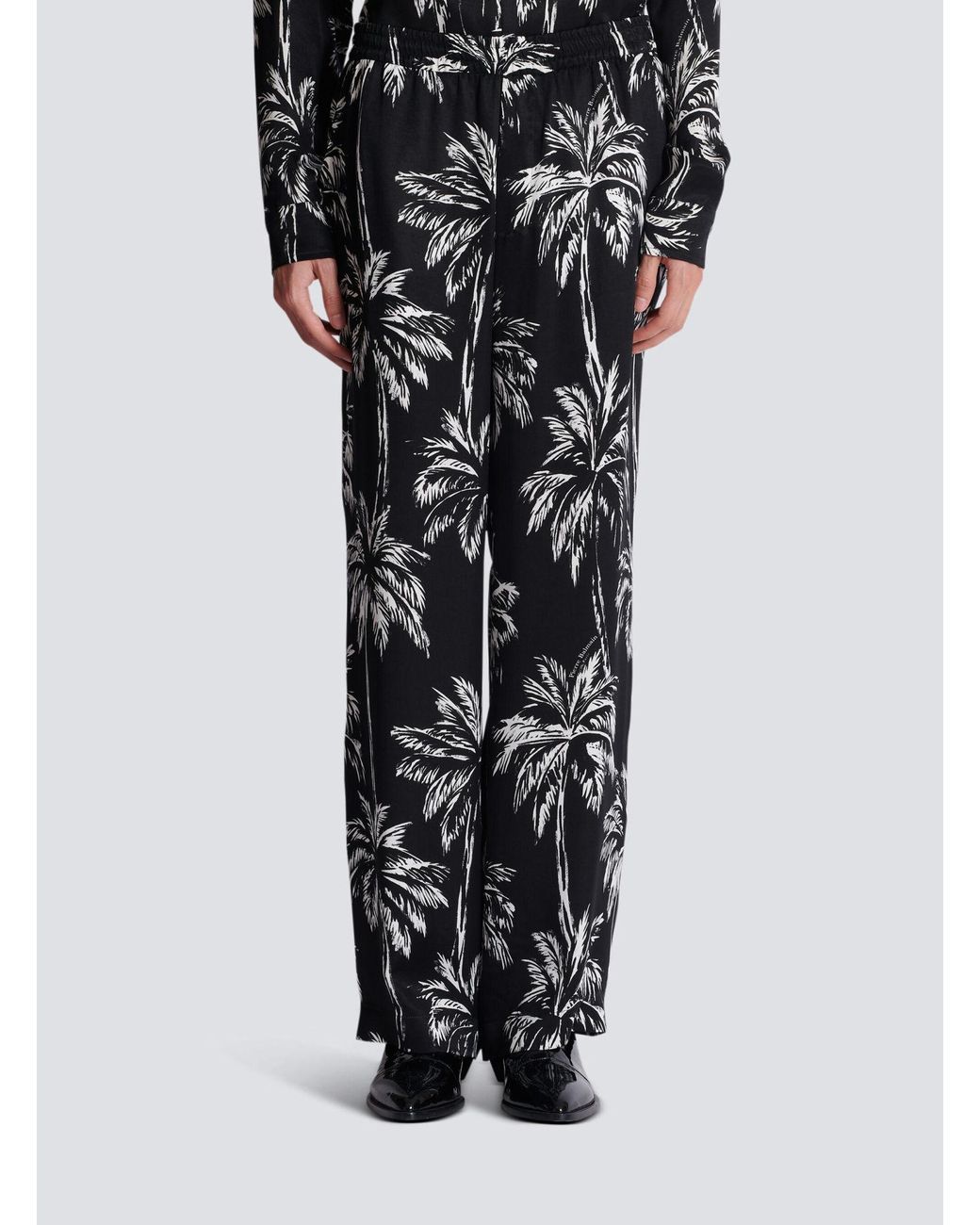 Balmain Black Palm Print Satin Pyjama Trousers for men