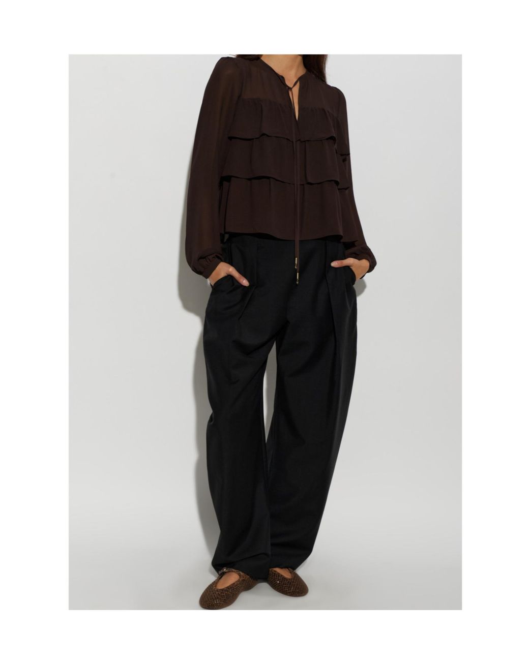 MICHAEL Michael Kors Brown Ruffled Tie-Neck Blouse
