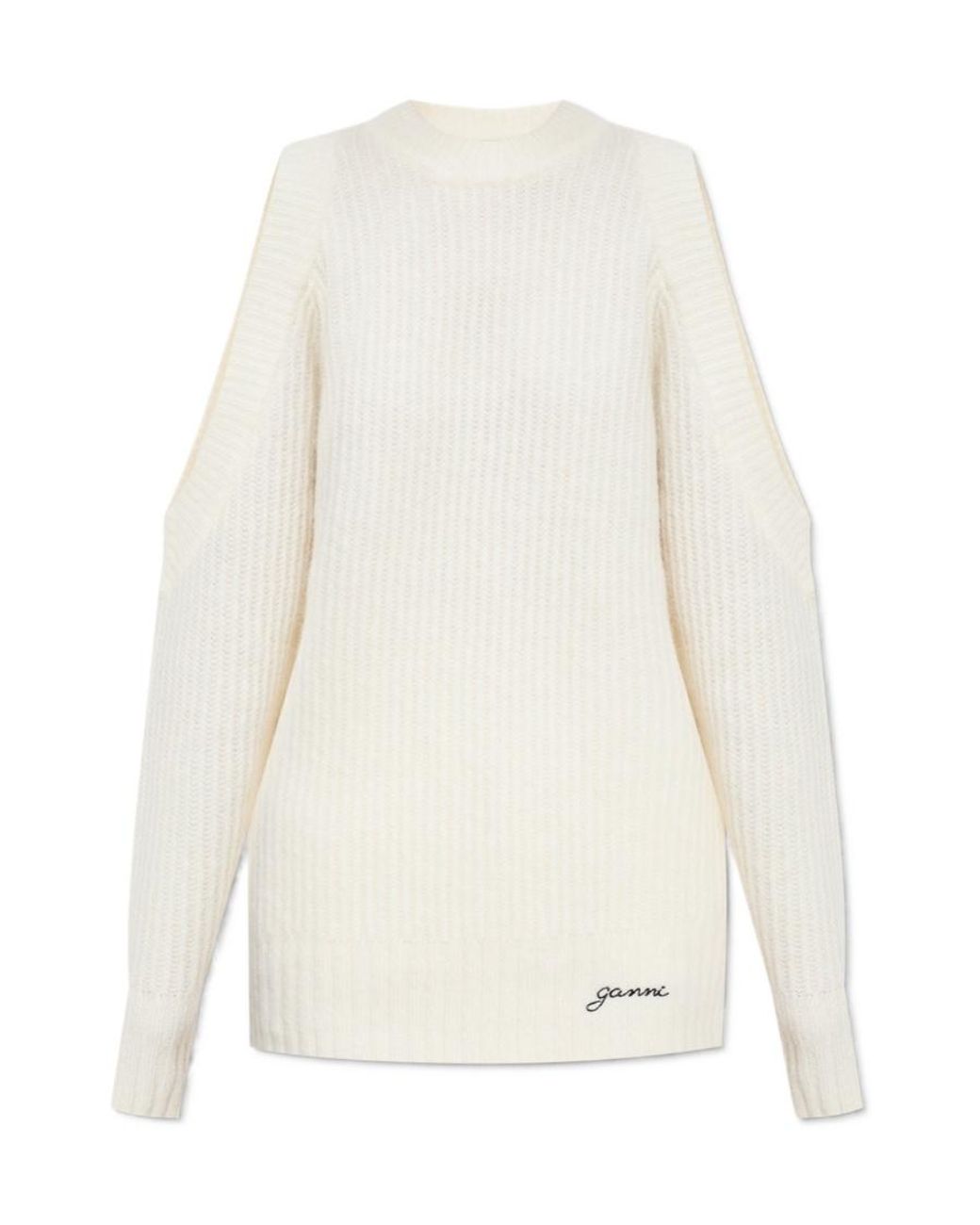 Ganni White Cold-Shoulder Crewneck Jumper