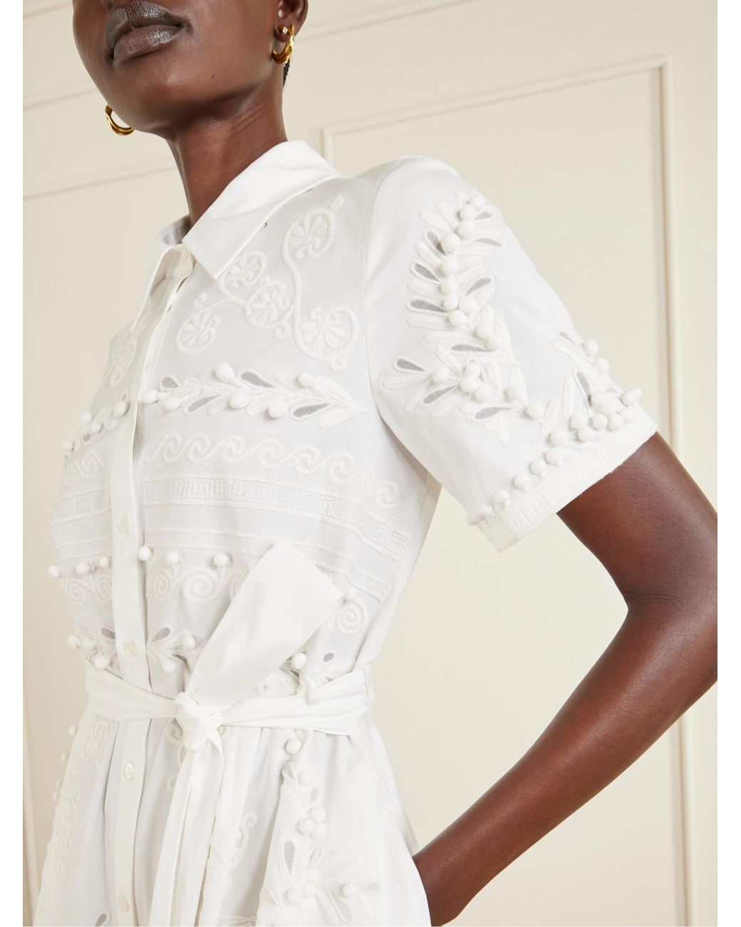 Carolina Herrera White Belted Embroidered Cotton-Blend Poplin Midi Shirt Dress