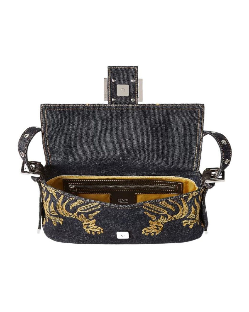 Fendi Black Baguette 26424 Dark Denim Bag With Embroidery