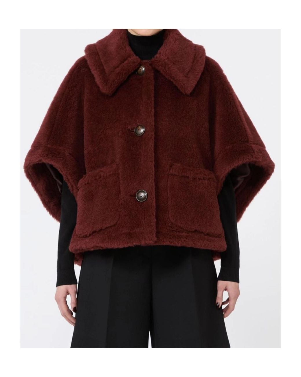 Max Mara Red Teddy Button-Up Short-Sleeved Cape