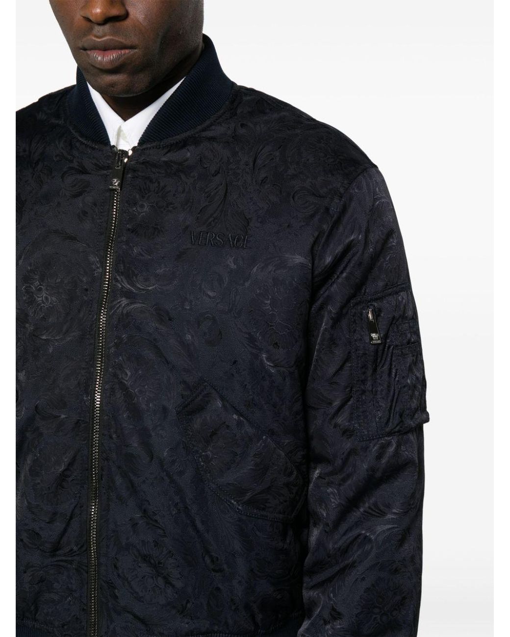 Versace Blue Logo-Embroidered Zip-Up Bomber Jacket for men