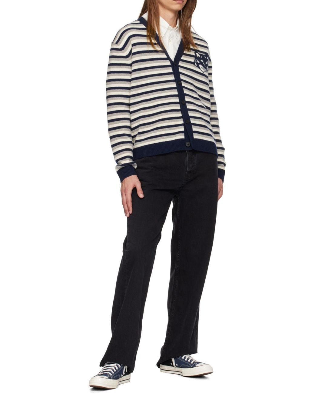 Maison Kitsuné Blue Fox Head Intarsia Striped Cardigan