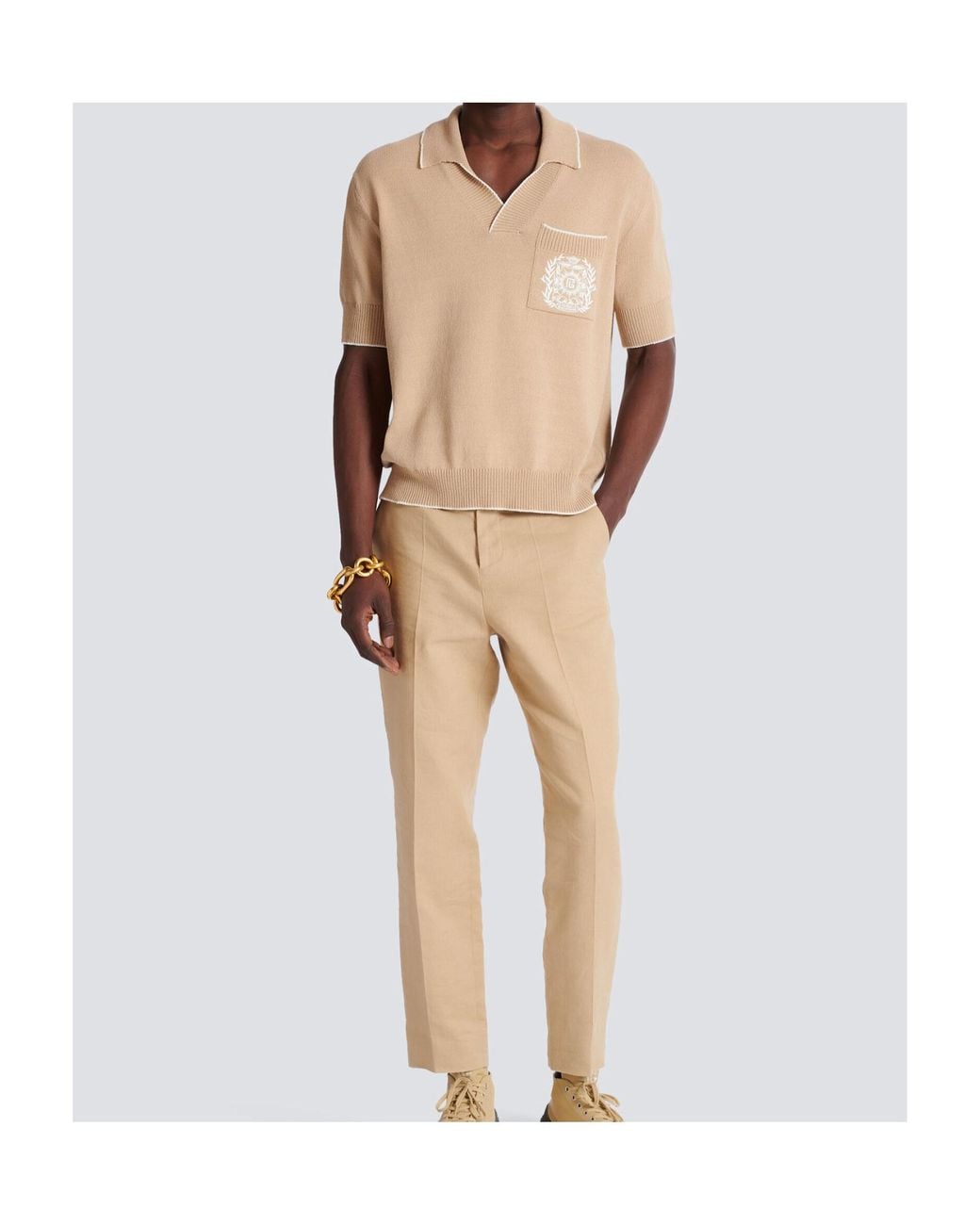 Balmain Natural Knitted Crest-Detail Polo Shirt for men